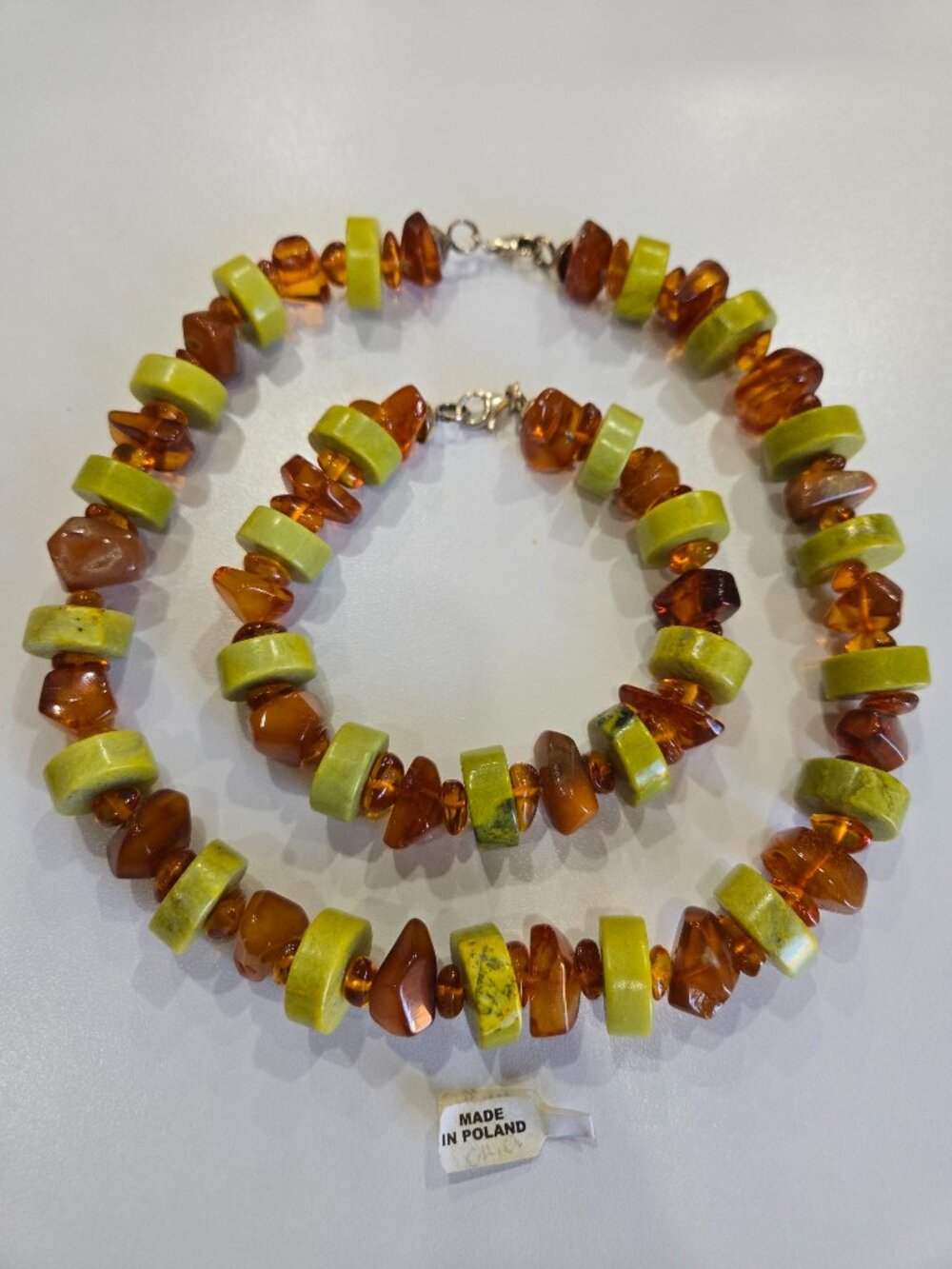 Green cognac amber necklace and bracelet set